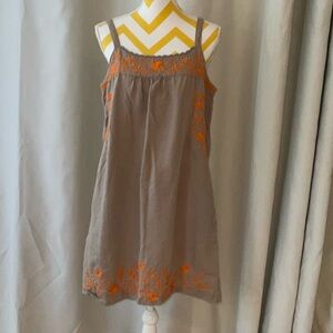 Lucky Brand Tan Linen Dress with Orange Floral Embroidered Design